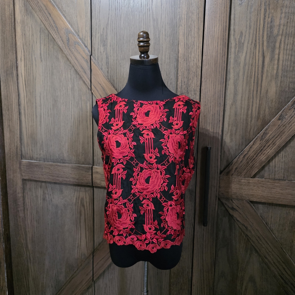 Alice + Olivia Black and Red Floral Lace Tank Top